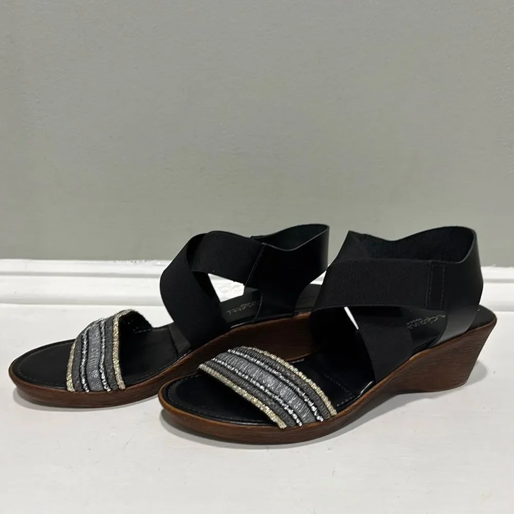 Beaded Wedge Black and Gray Silver Comfort Sandals-size 6.5